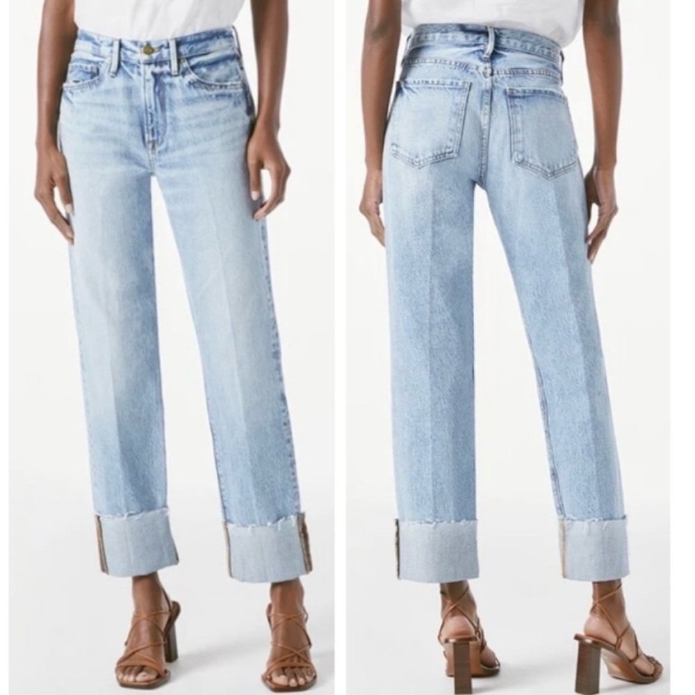 Frame Le Piper Wide Cuff Straight Leg Raw Hem Jeans In Richlake Size 26